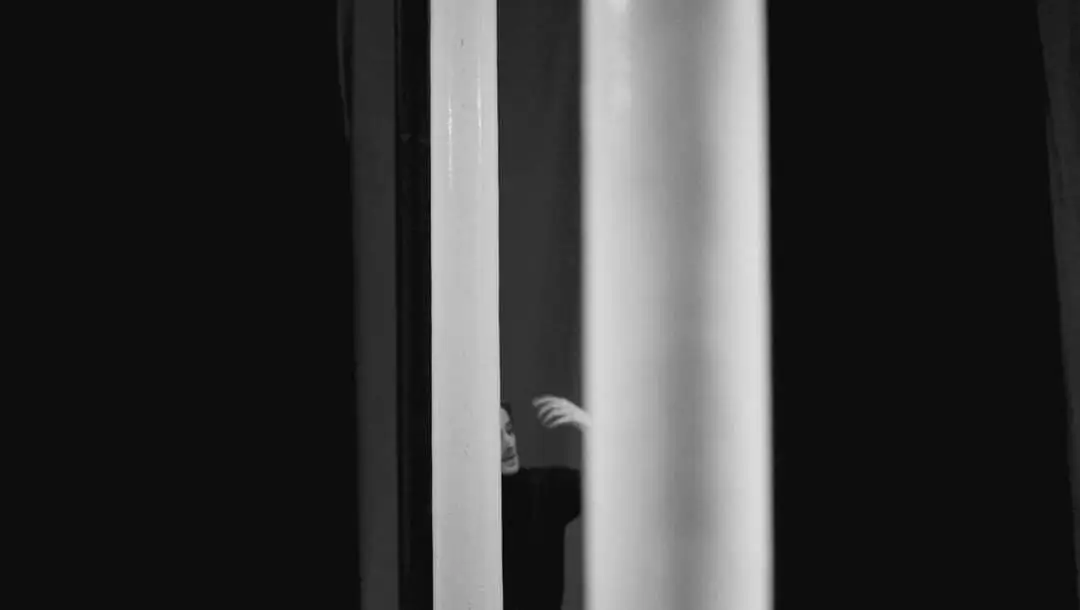 Image of an actor visible between curtains in black and white